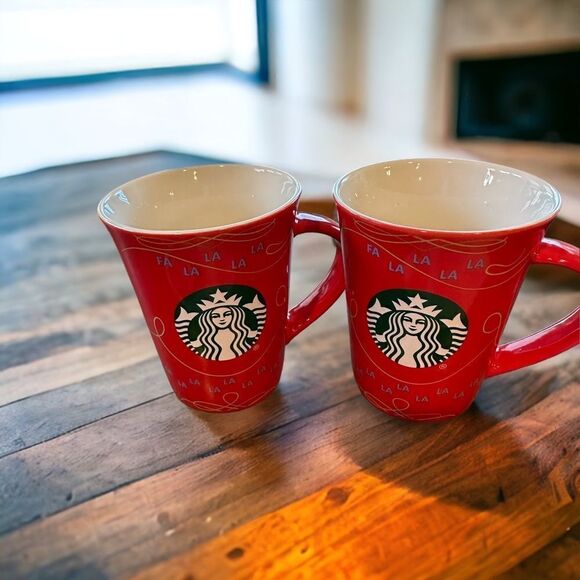 STARBUCKS Red Porcelain Holiday Mug Christmas Fa la la 10oz EUC 2020 set of 2 - Picture 6 of 9